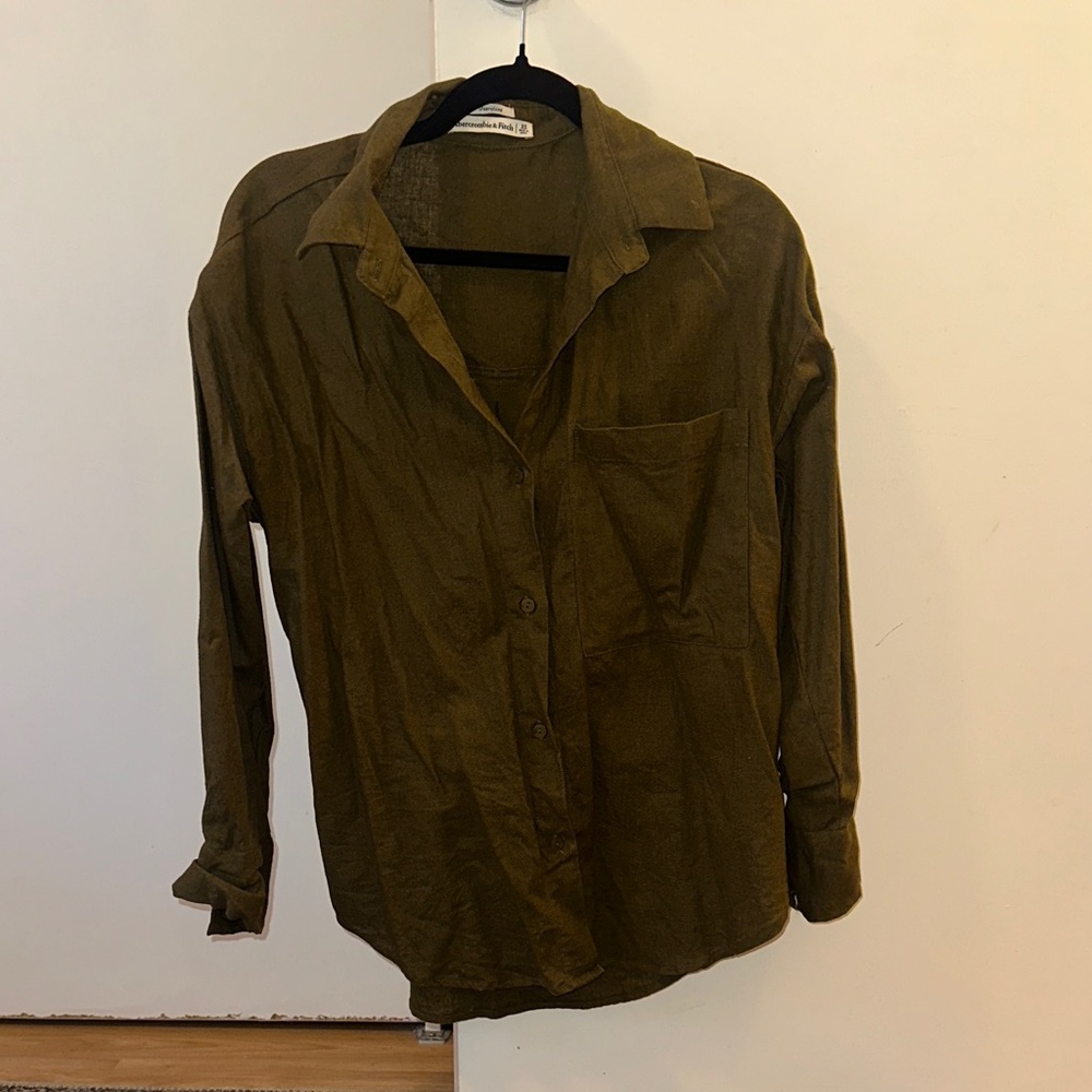 Olive Green Linen Button-Up Shirt.
